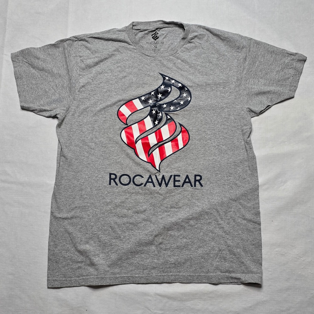 Rocawear Mens XL Gray Graphic T-Shirt American Flag Logo Streetwear Crewneck Tee